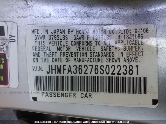 JHMFA36276S022381 - 2006 HONDA CIVIC HYBRID SILVER photo 9