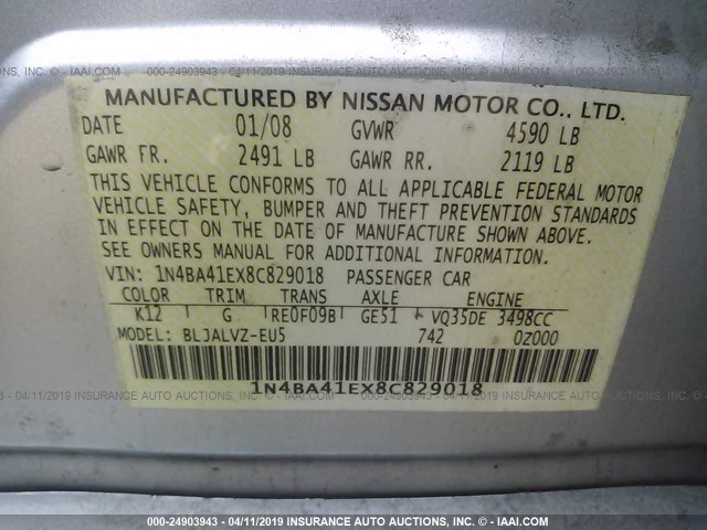 1N4BA41EX8C829018 - 2008 NISSAN MAXIMA SE/SL SILVER photo 9