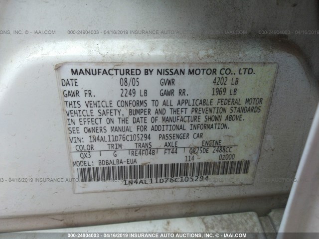 1N4AL11D76C105294 - 2006 NISSAN ALTIMA S/SL WHITE photo 9