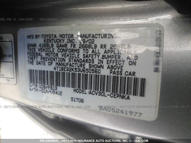 4T1BE32K53U650560 - 2003 TOYOTA CAMRY LE/XLE/SE SILVER photo 9