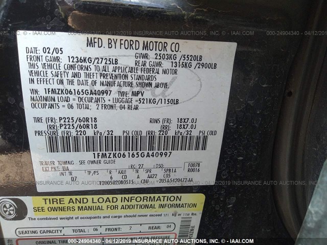 1FMZK06165GA40997 - 2005 FORD FREESTYLE LIMITED BLACK photo 9