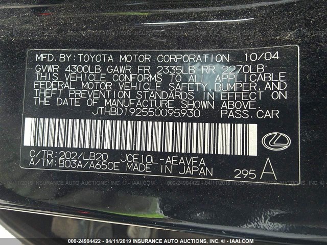 JTHBD192550095930 - 2005 LEXUS IS 300 BLACK photo 9