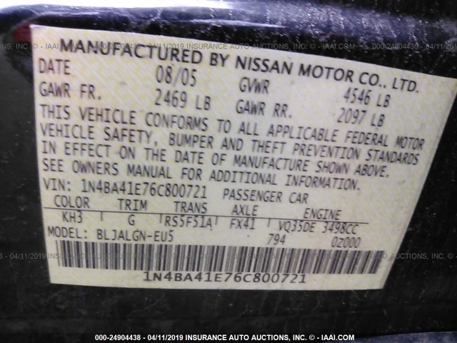 1N4BA41E76C800721 - 2006 NISSAN MAXIMA SE/SL BLACK photo 9