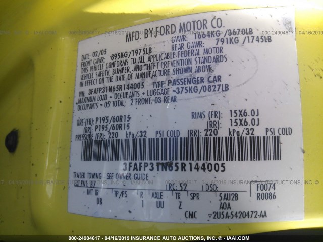 3FAFP31N65R144005 - 2005 FORD FOCUS ZX3 YELLOW photo 9