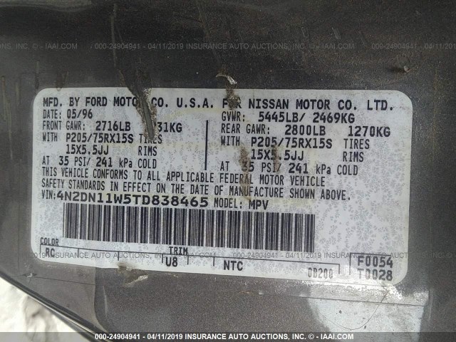 4N2DN11W5TD838465 - 1996 NISSAN QUEST XE/GXE GRAY photo 9