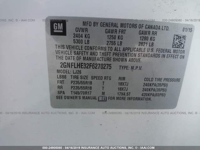 2GNFLHE32F6270275 - 2015 CHEVROLET EQUINOX LTZ WHITE photo 9