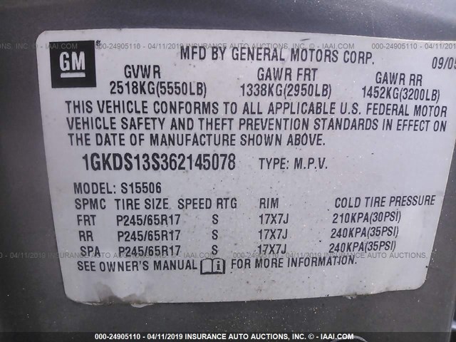 1GKDS13S362145078 - 2006 GMC ENVOY GRAY photo 9