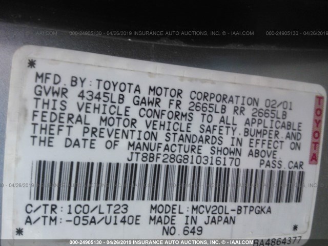 JT8BF28G810316170 - 2001 LEXUS ES 300 SILVER photo 9