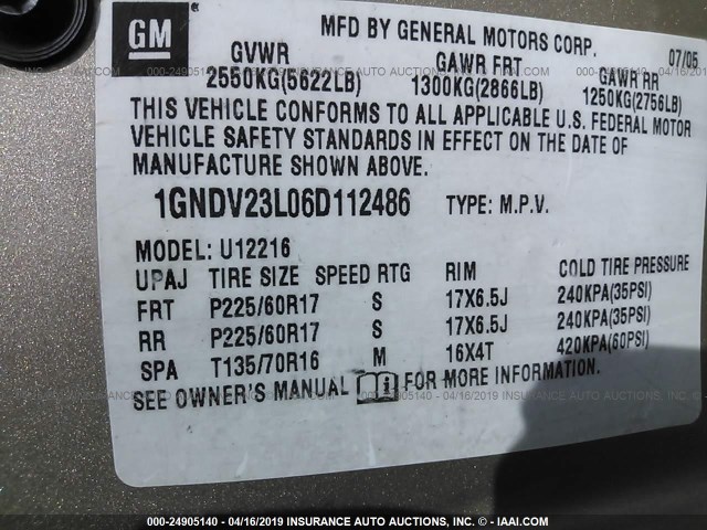 1GNDV23L06D112486 - 2006 CHEVROLET UPLANDER LS TAN photo 9