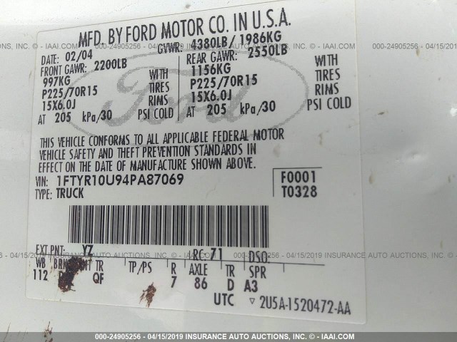 1FTYR10U94PA87069 - 2004 FORD RANGER WHITE photo 9