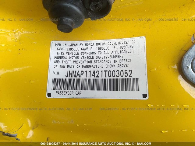 JHMAP11421T003052 - 2001 HONDA S2000 YELLOW photo 9