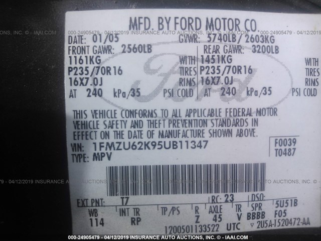 1FMZU62K95UB11347 - 2005 FORD EXPLORER XLS/XLS SPORT 黑色 照片 9