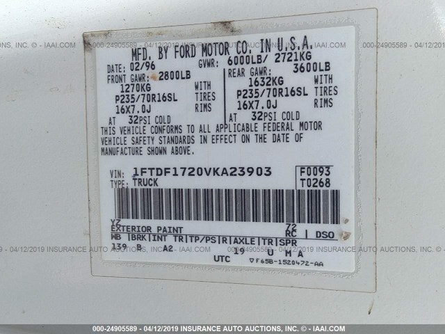 1FTDF1720VKA23903 - 1997 FORD F150 WHITE photo 9