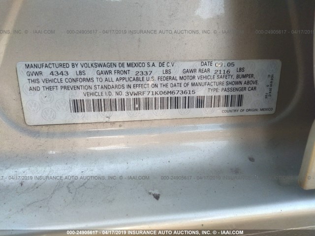 3VWRF71K06M673615 - 2006 VOLKSWAGEN JETTA 2.5 SILVER photo 9