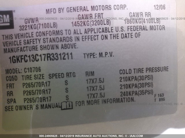 1GKFC13C17R331211 - 2007 GMC YUKON TAN photo 9