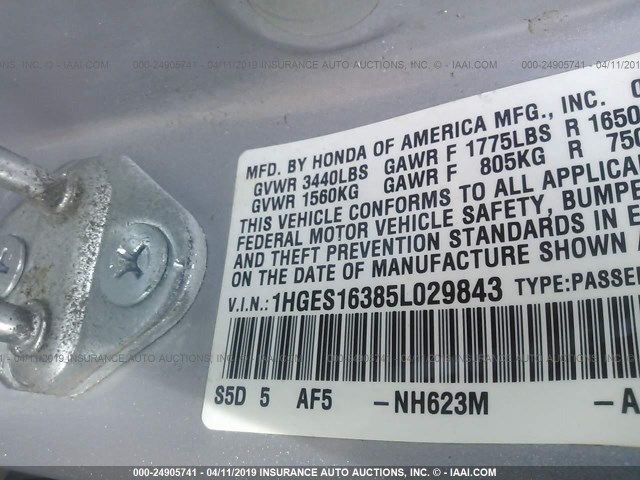 1HGES16385L029843 - 2005 HONDA CIVIC DX VP Gümüş foto 9