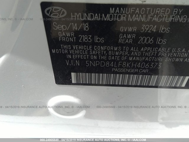 5NPD84LF8KH406373 - 2019 HYUNDAI ELANTRA SEL/VALUE/LIMITED WHITE photo 9