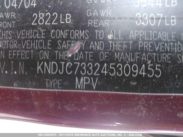 KNDJC733245309455 - 2004 KIA SORENTO EX/LX MAROON photo 9