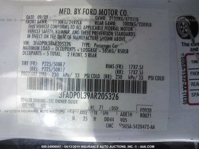 3FADP0L39AR205326 - 2010 FORD FUSION HYBRID WHITE photo 9