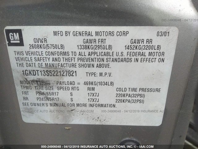 1GKDT13S522127821 - 2002 GMC ENVOY GOLD photo 9