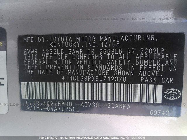 4T1CE38PX6U712370 - 2006 TOYOTA CAMRY SOLARA SE/SLE TAN photo 9