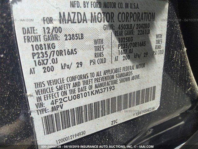 4F2CU08101KM37193 - 2001 MAZDA TRIBUTE LX/ES 蓝色 照片 9