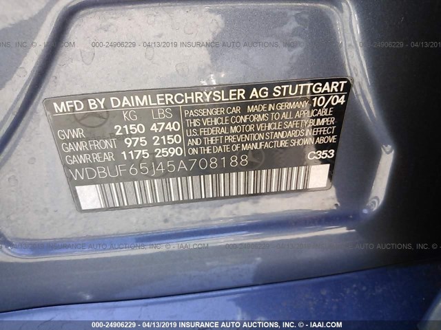 WDBUF65J45A708188 - 2005 MERCEDES-BENZ E 320 BLUE photo 9