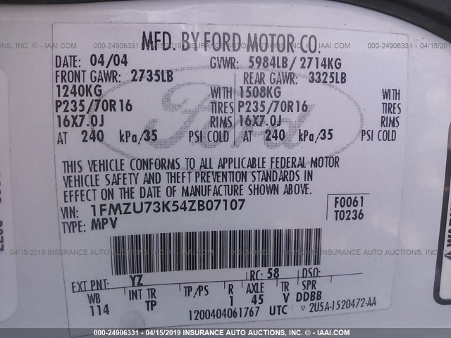 1FMZU73K54ZB07107 - 2004 FORD EXPLORER XLT/XLT SPORT/NBX Blanc photo 9