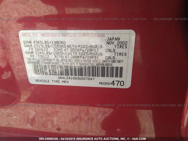 JA4LZ41GX3U067847 - 2003 MITSUBISHI OUTLANDER XLS RED photo 9