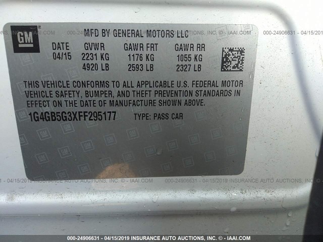 1G4GB5G3XFF295177 - 2015 BUICK LACROSSE WHITE photo 9