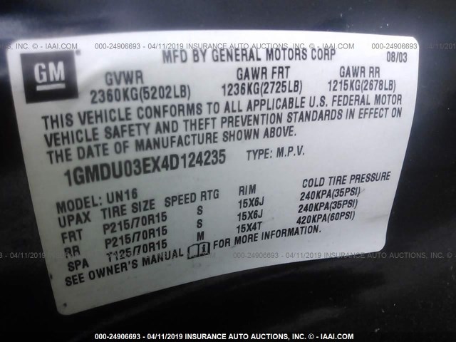 1GMDU03EX4D124235 - 2004 PONTIAC MONTANA BLUE photo 9