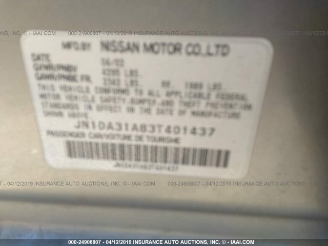 JN1DA31A83T401437 - 2003 NISSAN MAXIMA GLE/SE SILVER photo 9