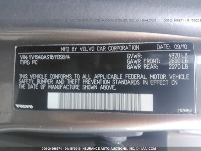 YV1940AS1B1139914 - 2011 VOLVO S80 3.2 GRAY photo 9