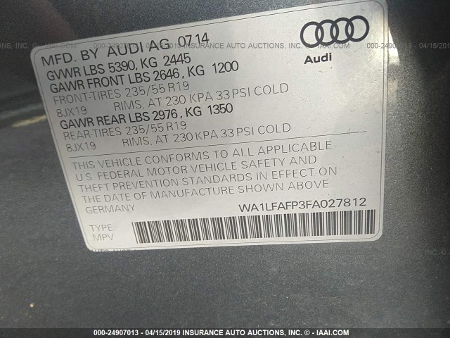 WA1LFAFP3FA027812 - 2015 AUDI Q5 PREMIUM PLUS GRAY photo 9