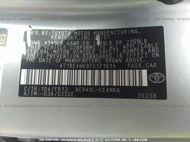 4T1BE46K97U171614 - 2007 TOYOTA CAMRY NEW GENERAT CE/LE/XLE/SE SILVER photo 9