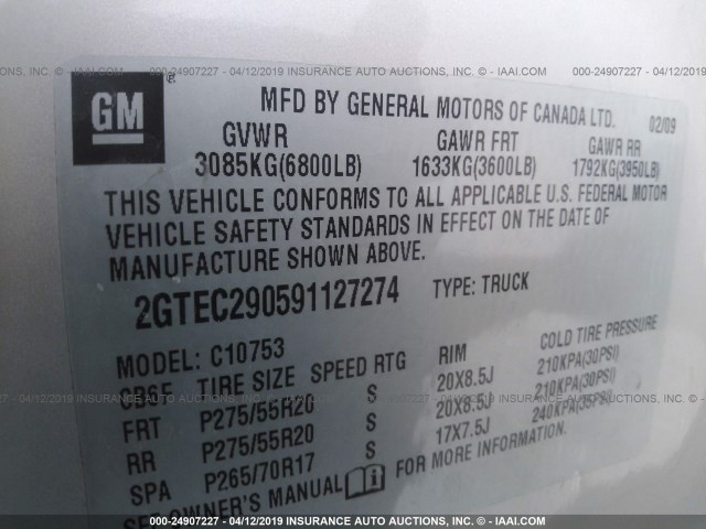 2GTEC290591127274 - 2009 GMC SIERRA C1500 SLE SILVER photo 9