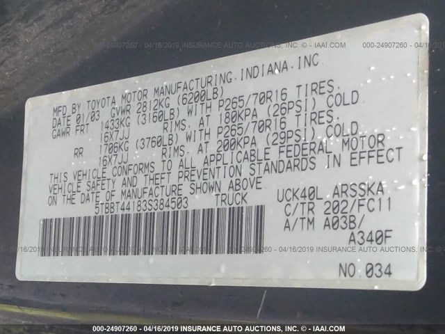 5TBBT44183S384503 - 2003 TOYOTA TUNDRA ACCESS CAB SR5 BLACK photo 9