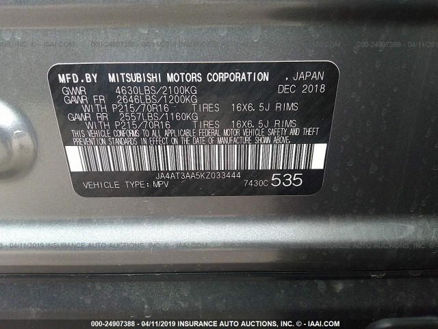 JA4AT3AA5KZ033444 - 2019 MITSUBISHI ECLIPSE CROSS ES GRAY photo 9