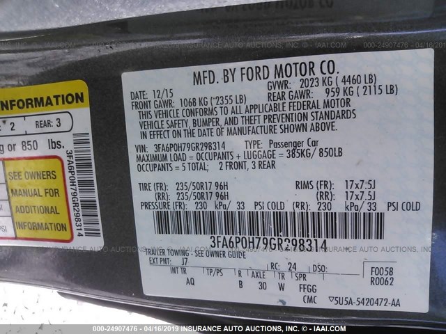 3FA6P0H79GR298314 - 2016 FORD FUSION SE GRAY photo 9