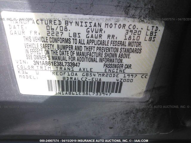 3N1AB61E38L733947 - 2008 NISSAN SENTRA 2.0/2.0S/2.0SL GRAY photo 9