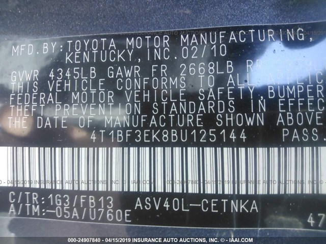 4T1BF3EK8BU125144 - 2011 TOYOTA CAMRY SE/LE/XLE GRAY photo 9