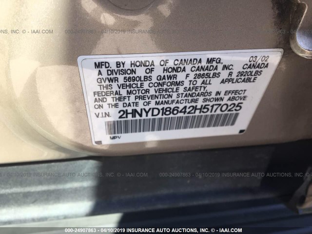 2HNYD18642H517025 - 2002 ACURA MDX TOURING GOLD photo 9