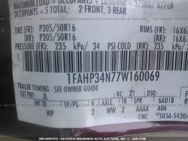 1FAHP34N77W160069 - 2007 FORD FOCUS ZX4/S/SE/SES MAROON photo 9