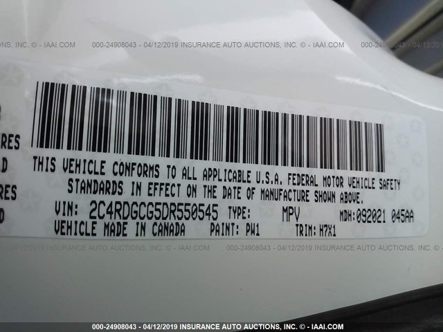 2C4RDGCG5DR550545 - 2013 DODGE GRAND CARAVAN SXT WHITE photo 9