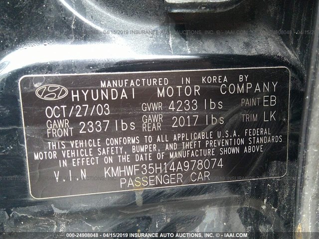 KMHWF35H14A978074 - 2004 HYUNDAI SONATA GLS/LX BLACK photo 9