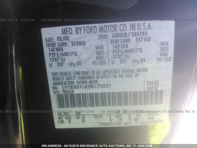 1FTRX07L82KC75027 - 2002 FORD F150 Qara foto 9