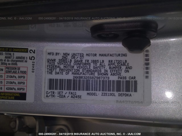 1NXBR32E68Z987373 - 2008 TOYOTA COROLLA CE/LE/S SILVER photo 9