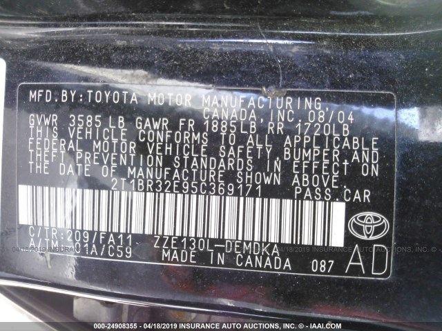 2T1BR32E95C369171 - 2005 TOYOTA COROLLA CE/LE/S BLACK photo 9