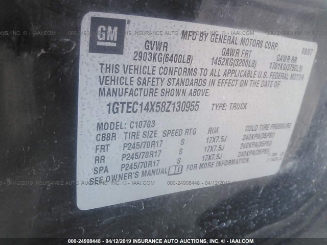 1GTEC14X58Z130955 - 2008 GMC SIERRA C1500 BLACK photo 9