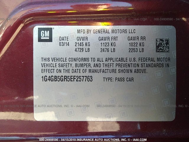 1G4GB5GR5EF257763 - 2014 BUICK LACROSSE BURGUNDY photo 9